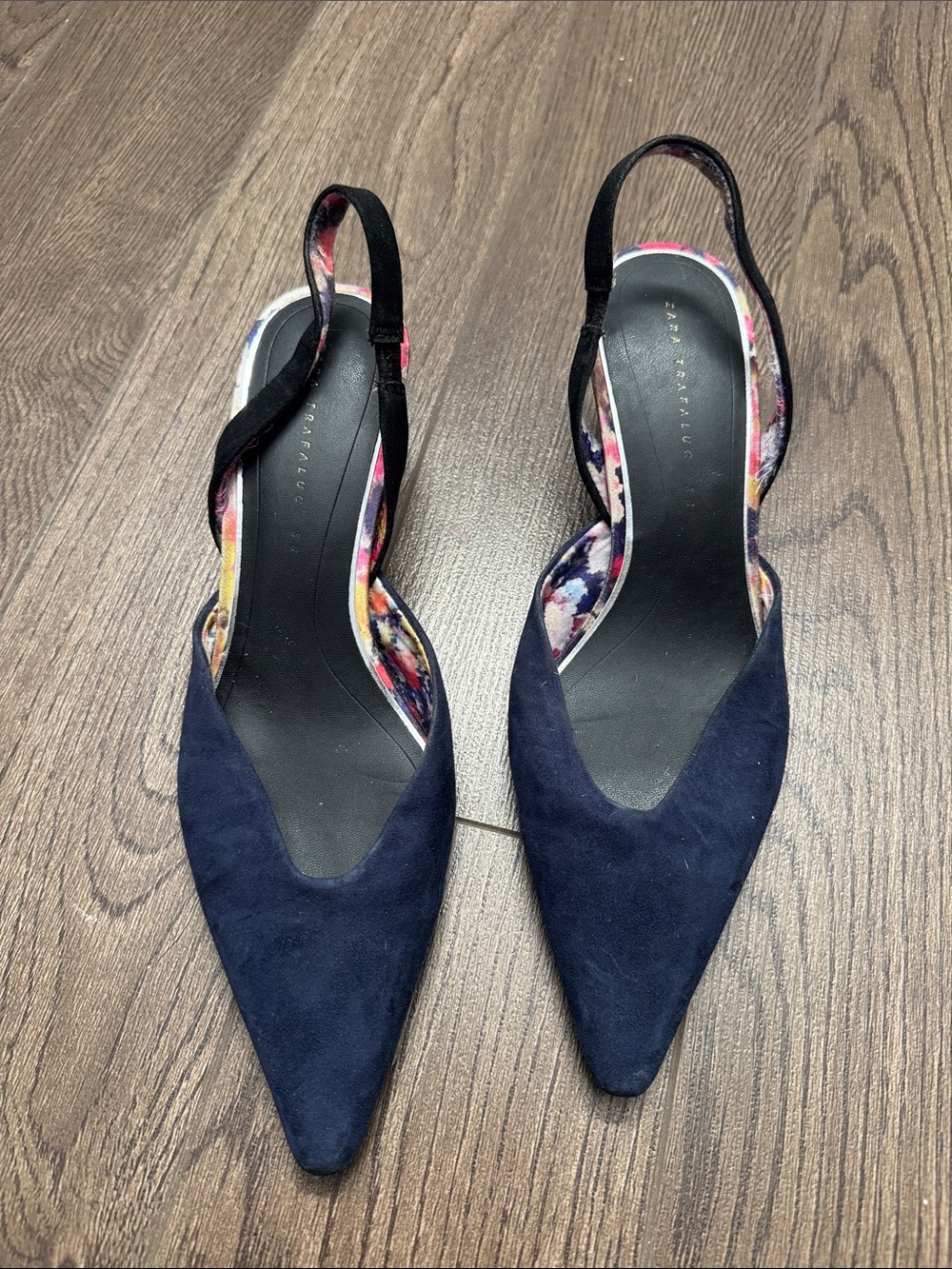 Zara Navy Suede Pointed Slingback Flats with Floral Lining